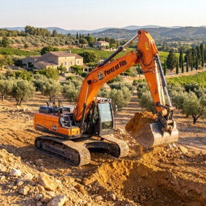 Une grue faisant du terrassement en Provence